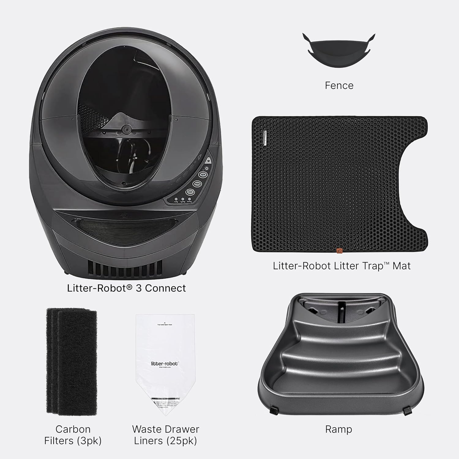 Litter-Robot 3 Connect Core Bundle by Whisker, Grey - Includes Automatic, Self-Cleaning Litter Box, LitterTrap Mat, Fence, Ramp, 25 Liners, 3 Carbon Filters