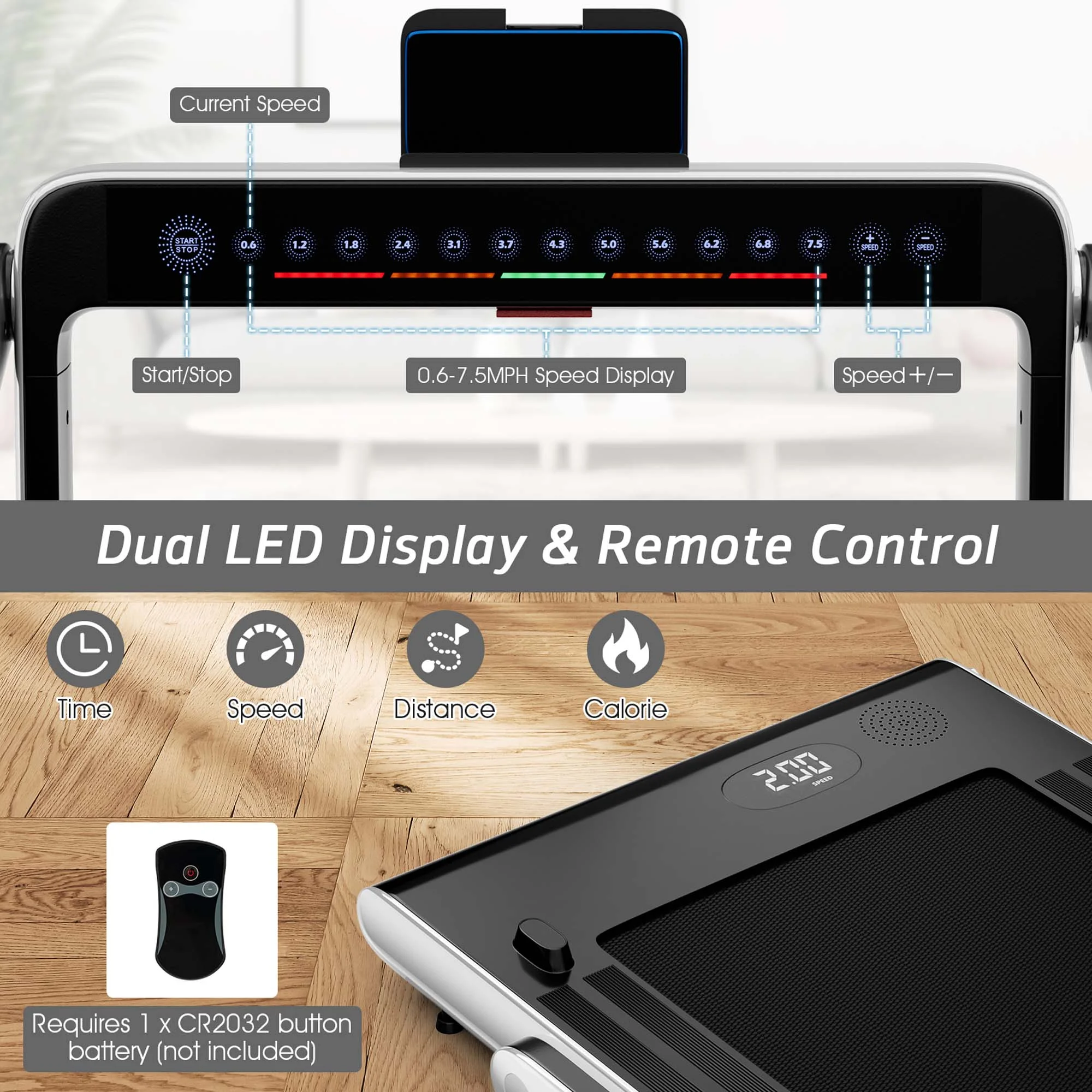 SuperFit Up To 7.5MPH 2.25HP 2 in 1 Dual Display Screen Treadmill Jogging Machine W/APP Control Silver