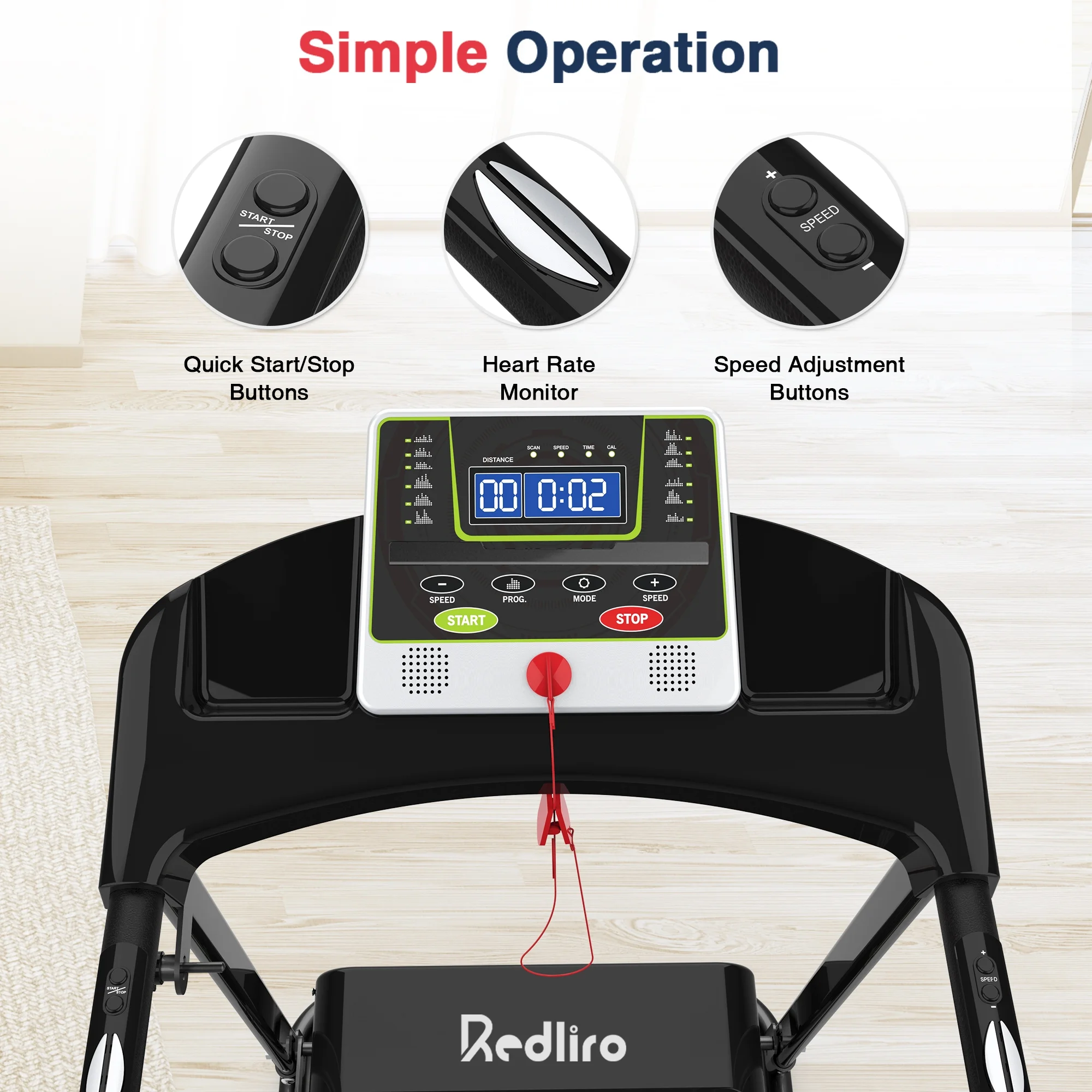 Redliro Treadmill for Seniors with Long Handrails - Recovery Treadmill for Walking 300 lbs Weight Capacity - Walking Treadmill Elderly with Desk & Cup Holder (Glossy Black)