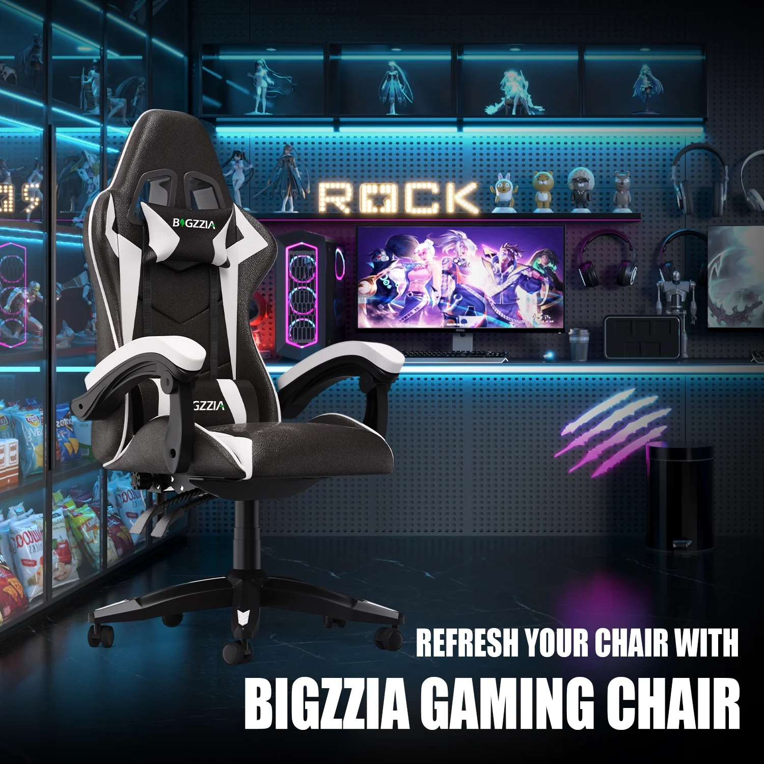 Bigzzia Gaming Chair Office Chair, Ergonomic Game Chair with Height Adjustable Headrest and Lumbar Support for Adults Teens, Black & White
