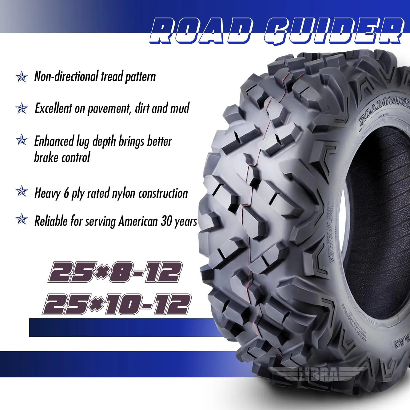 Set 4 Roadguider ATV UTV Tires 25x8-12 25x8x12 front & 25x10-12 25x10x12 Rear 6PR