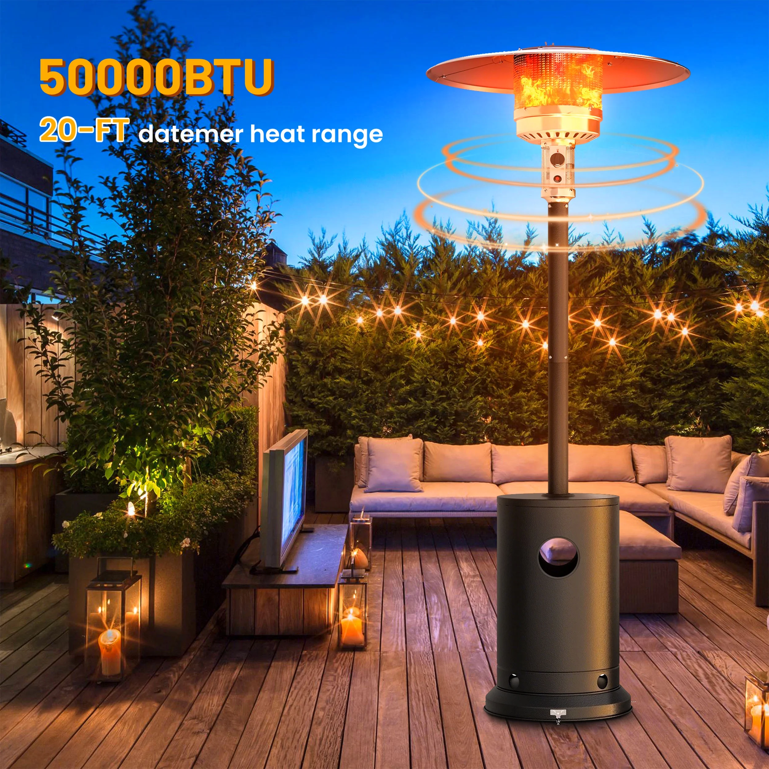 50000 BTU Propane Patio Heater with Overheating Protection System, Outdoor Heater with 20' Heating Radius and Wheels, Stainless Steel Flame Heater, Black