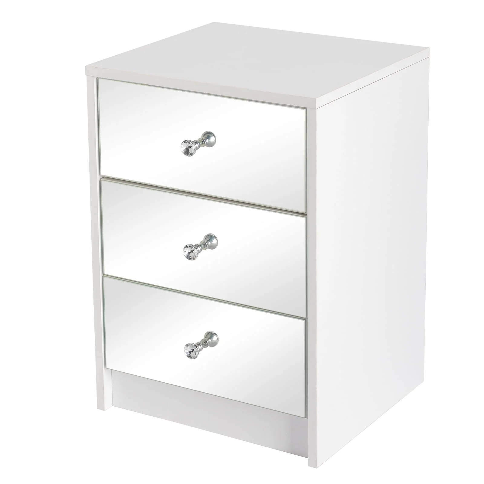 Ktaxon Mirrored Nightstand, End Table with 3-Drawer and Crystal Style Knobs, Modern Bedside Table for Bedroom, Living Room,White