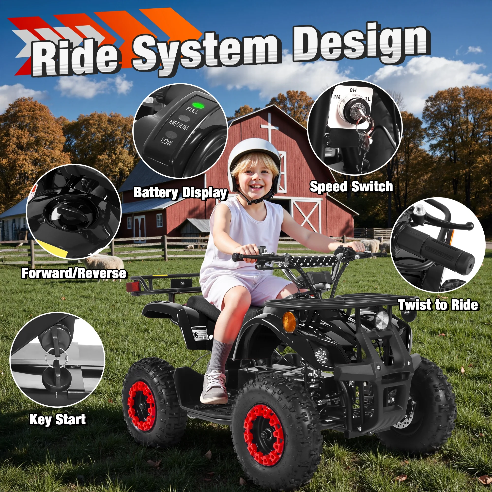 ATV for Kids, 36 Volt Ride on Toys, 500w Motor Quad Bike for Big Kids, Power Car Wheel with Metal Frame, Speed Control, Suspension, Black