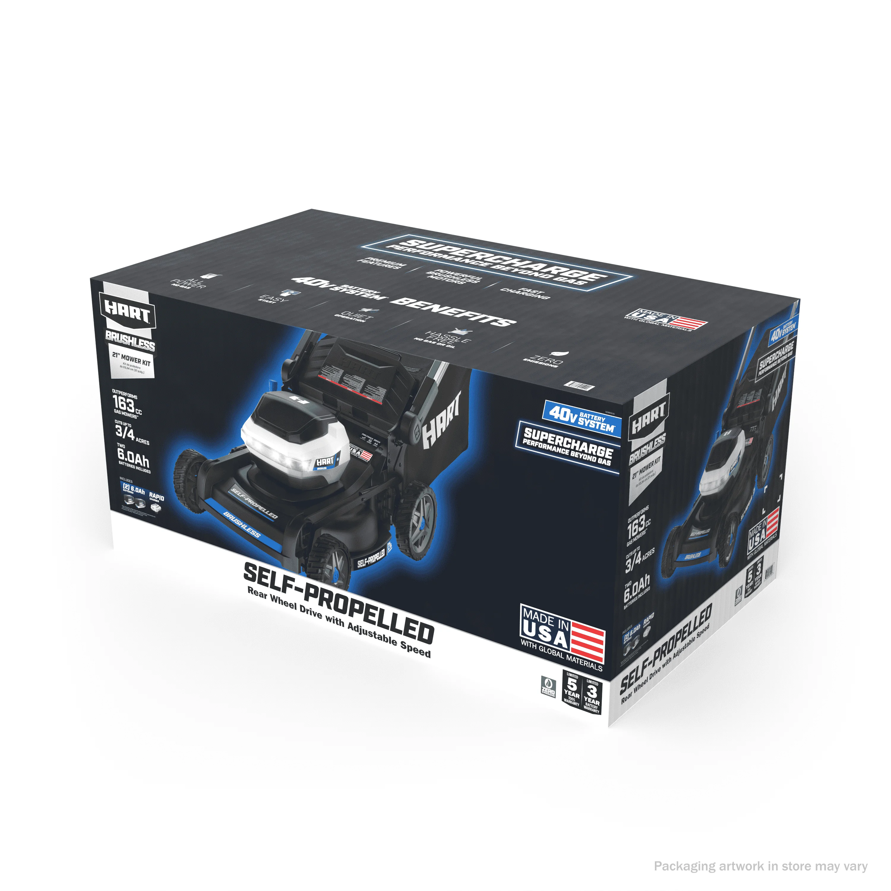 HART 40-Volt 21-inch Supercharge 3-in-1 Self-Propelled Mower Kit, (2) 6.0Ah Lithium-Ion Batteries