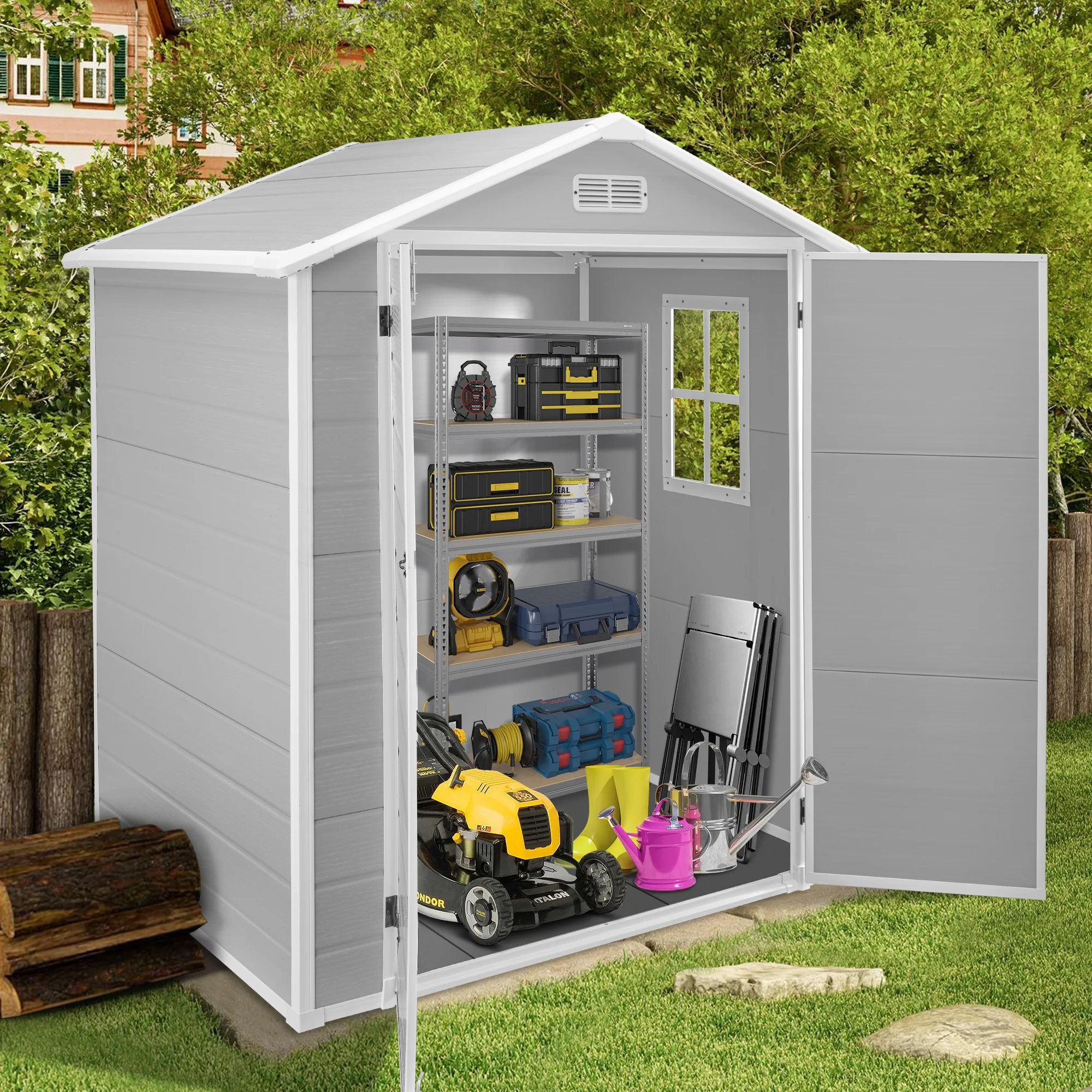 Syngar 6' x 4' Outdoor Plastic Storage Shed, Tools Storage Shed, All Weather Garden Shed with Lockable Doors, Reinforced Floor and Pitched Roof, Outdoor Storage Shed for Backyard, Patio, Lawn