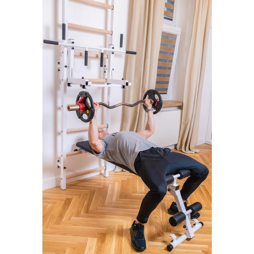 BenchK 733 White Wall bars with convertible steel 6-grip pull-up bar that can also be used as a barbell holder, dip bar with back support and advanced workout bench